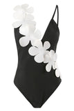 Zwart Wit Eendelig V-hals Strandbadmode met 3D-bloemen
