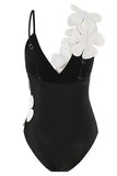 Zwart Wit Eendelig V-hals Strandbadmode met 3D-bloemen
