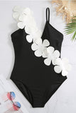 Zwart Wit Eendelig V-hals Strandbadmode met 3D-bloemen
