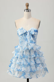 Strapless witblauwe bloem A-lijn gelaagde korte homecoming-jurk met strik