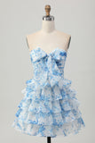 Strapless witblauwe bloem A-lijn gelaagde korte homecoming-jurk met strik