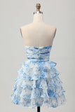 Strapless witblauwe bloem A-lijn gelaagde korte homecoming-jurk met strik