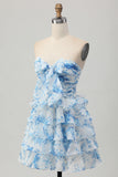 Strapless witblauwe bloem A-lijn gelaagde korte homecoming-jurk met strik
