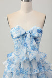 Strapless witblauwe bloem A-lijn gelaagde korte homecoming-jurk met strik