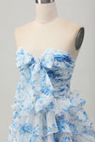 Strapless witblauwe bloem A-lijn gelaagde korte homecoming-jurk met strik