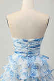 Strapless witblauwe bloem A-lijn gelaagde korte homecoming-jurk met strik
