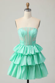 Groene A-lijn Strapless Gelaagde Korset Beaded Korte Homecoming Jurk met Strik