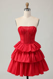 Groene A-lijn Strapless Gelaagde Korset Beaded Korte Homecoming Jurk met Strik