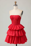 Groene A-lijn Strapless Gelaagde Korset Beaded Korte Homecoming Jurk met Strik