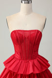 Groene A-lijn Strapless Gelaagde Korset Beaded Korte Homecoming Jurk met Strik