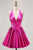 Metallic Fuchsia Halter Geplooide Homecoming Jurk