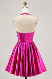 Metallic Fuchsia Halter Geplooide Homecoming Jurk