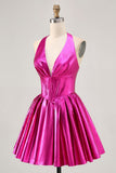 Metallic Fuchsia Halter Geplooide Homecoming Jurk