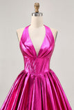 Metallic Fuchsia Halter Geplooide Homecoming Jurk