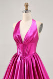 Metallic Fuchsia Halter Geplooide Homecoming Jurk
