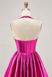 Metallic Fuchsia Halter Geplooide Homecoming Jurk