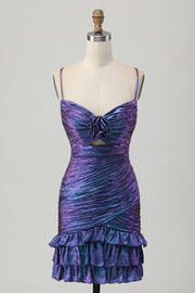 Metallic blauwe paarse bodycon uitgesneden jurk met ruches voor thuiskomst