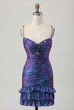 Metallic blauwe paarse bodycon uitgesneden jurk met ruches voor thuiskomst