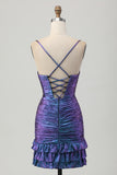 Metallic blauwe paarse bodycon uitgesneden jurk met ruches voor thuiskomst
