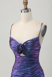 Metallic blauwe paarse bodycon uitgesneden jurk met ruches voor thuiskomst