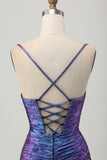 Metallic blauwe paarse bodycon uitgesneden jurk met ruches voor thuiskomst