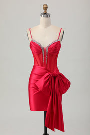Rode Bodycon korset Ruched Beaded Korte Homecoming Jurk met Strik
