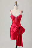 Rode Bodycon korset Ruched Beaded Korte Homecoming Jurk met Strik