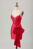 Rode Bodycon korset Ruched Beaded Korte Homecoming Jurk met Strik