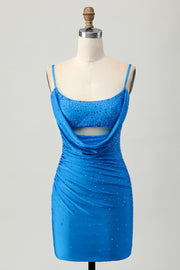 Blauwe Bodycon uitgesneden korte homecoming-jurk met kralen