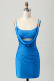 Blauwe Bodycon uitgesneden korte homecoming-jurk met kralen