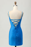 Blauwe Bodycon uitgesneden korte homecoming-jurk met kralen