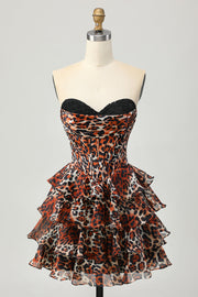 Khaki Leopard A-lijn Sweetheart gelaagd korset korte homecoming jurk