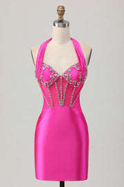 Fuchsia Bodycon Halter Backless Satijnen Homecoming Jurk met Strass steentjes