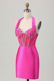 Fuchsia Bodycon Halter Backless Satijnen Homecoming Jurk met Strass steentjes
