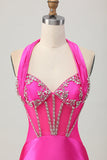 Fuchsia Bodycon Halter Backless Satijnen Homecoming Jurk met Strass steentjes