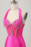 Fuchsia Bodycon Halter Backless Satijnen Homecoming Jurk met Strass steentjes