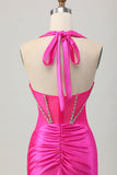 Fuchsia Bodycon Halter Backless Satijnen Homecoming Jurk met Strass steentjes
