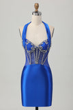 Fuchsia Bodycon Halter Backless Satijnen Homecoming Jurk met Strass steentjes
