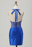 Koningsblauwe Bodycon Halter Backless Satijnen Homecoming Jurk met Strass