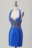 Koningsblauwe Bodycon Halter Backless Satijnen Homecoming Jurk met Strass