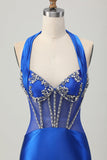Koningsblauwe Bodycon Halter Backless Satijnen Homecoming Jurk met Strass