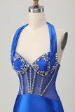 Koningsblauwe Bodycon Halter Backless Satijnen Homecoming Jurk met Strass