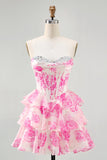 Roze bloem strapless korset bedrukt Homecoming jurk met pailletten