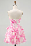 Roze bloem strapless korset bedrukt Homecoming jurk met pailletten