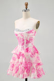 Roze bloem strapless korset bedrukt Homecoming jurk met pailletten