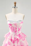 Roze bloem strapless korset bedrukt Homecoming jurk met pailletten