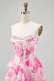 Roze bloem strapless korset bedrukt Homecoming jurk met pailletten