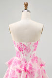 Roze bloem strapless korset bedrukt Homecoming jurk met pailletten