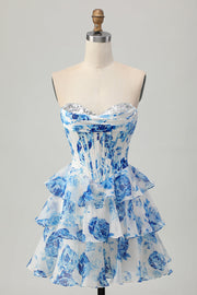 Wit Blauwe Bloem A-lijn Strapless Korset Gelaagde Korte Homecoming Jurk met Pailletten