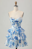 Wit Blauwe Bloem A-lijn Strapless Korset Gelaagde Korte Homecoming Jurk met Pailletten